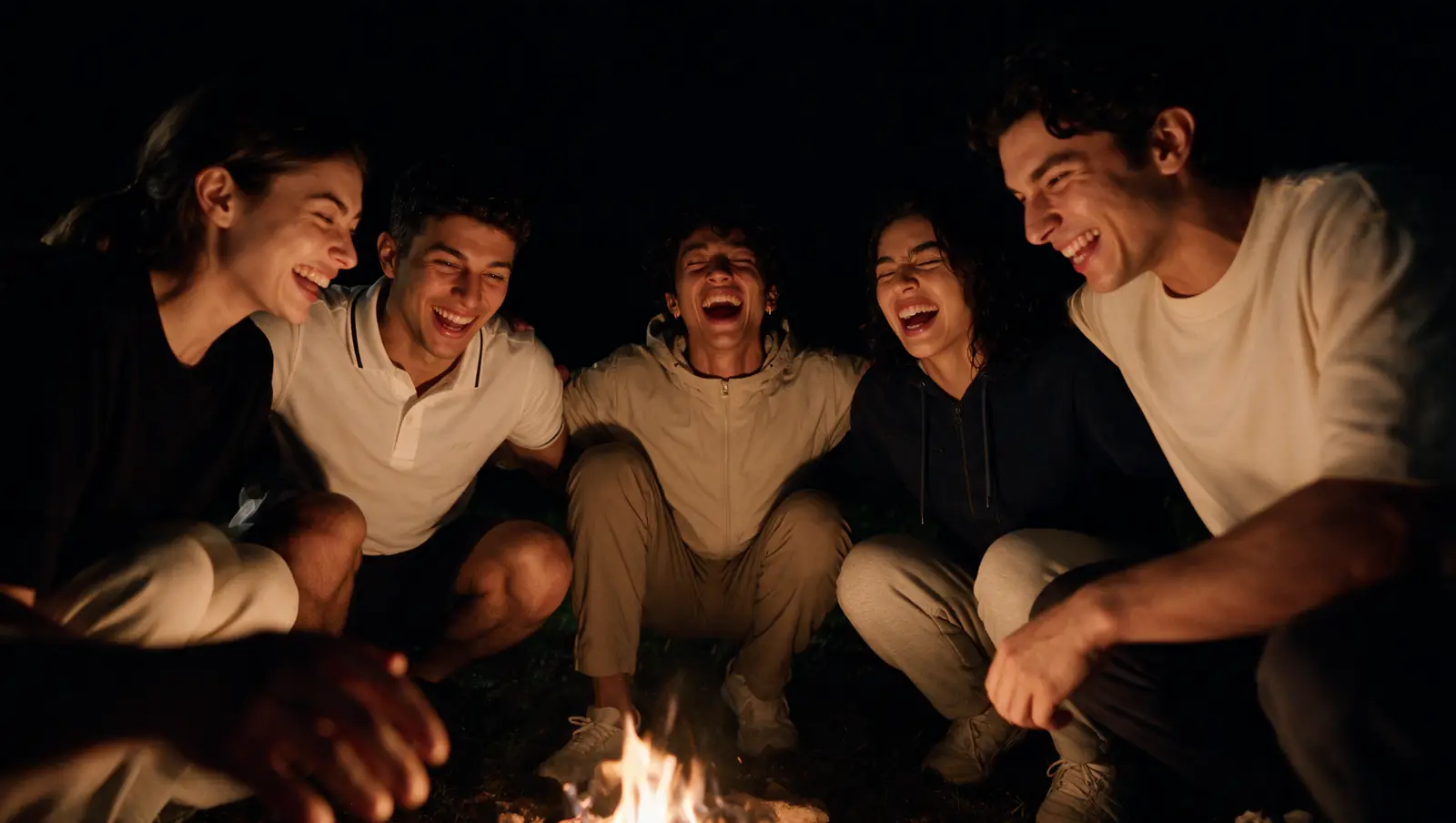 AI still, friends laughing around a campfire