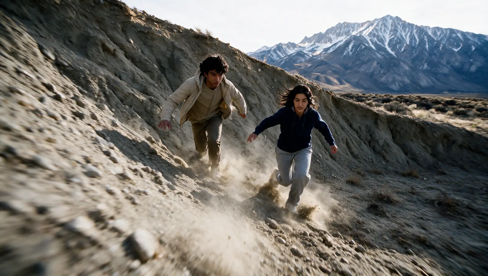 AI still, two hikers running down a dusty mountain slope