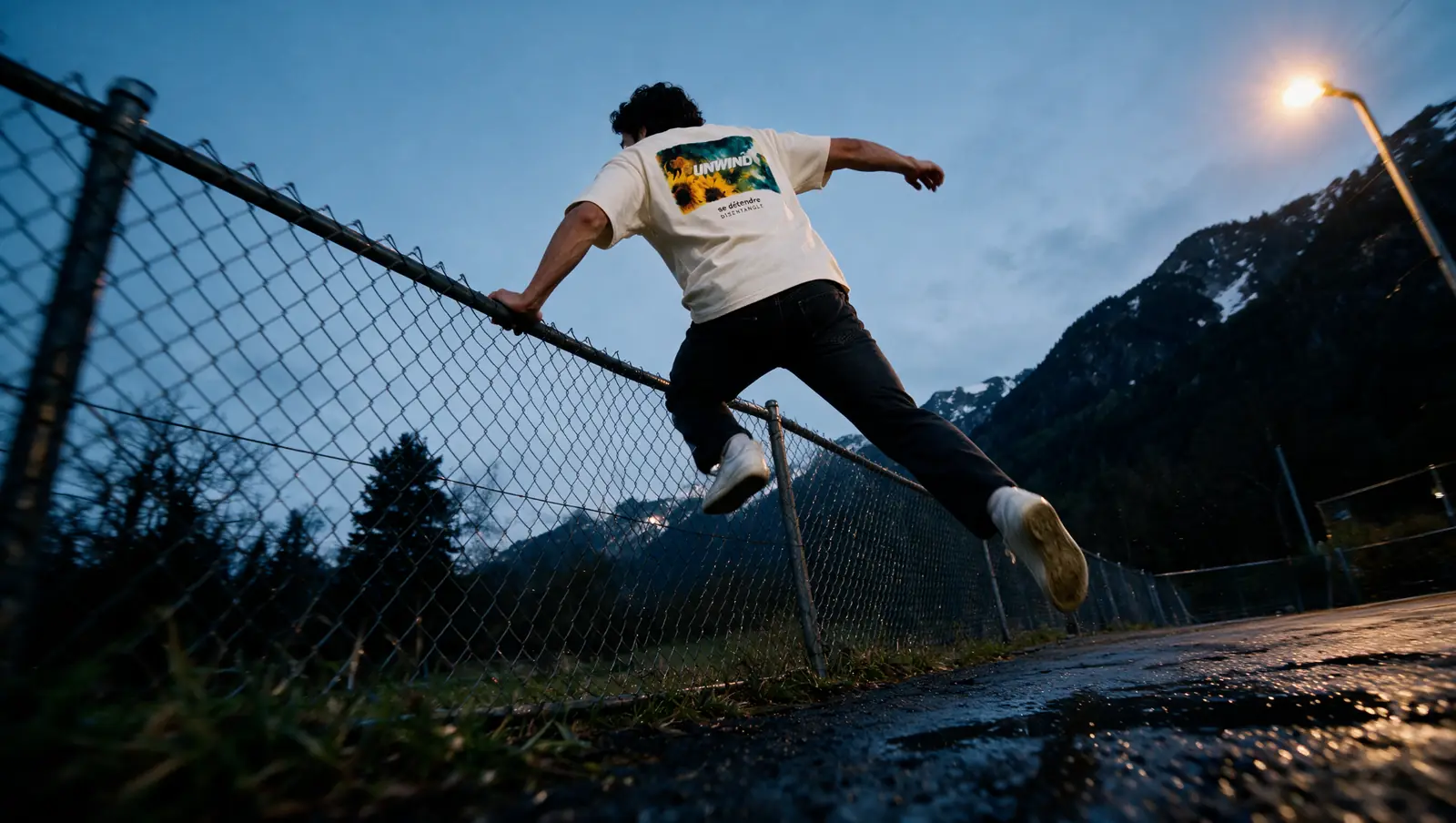 AI still, a man vaulting a chain-link fence at dusk