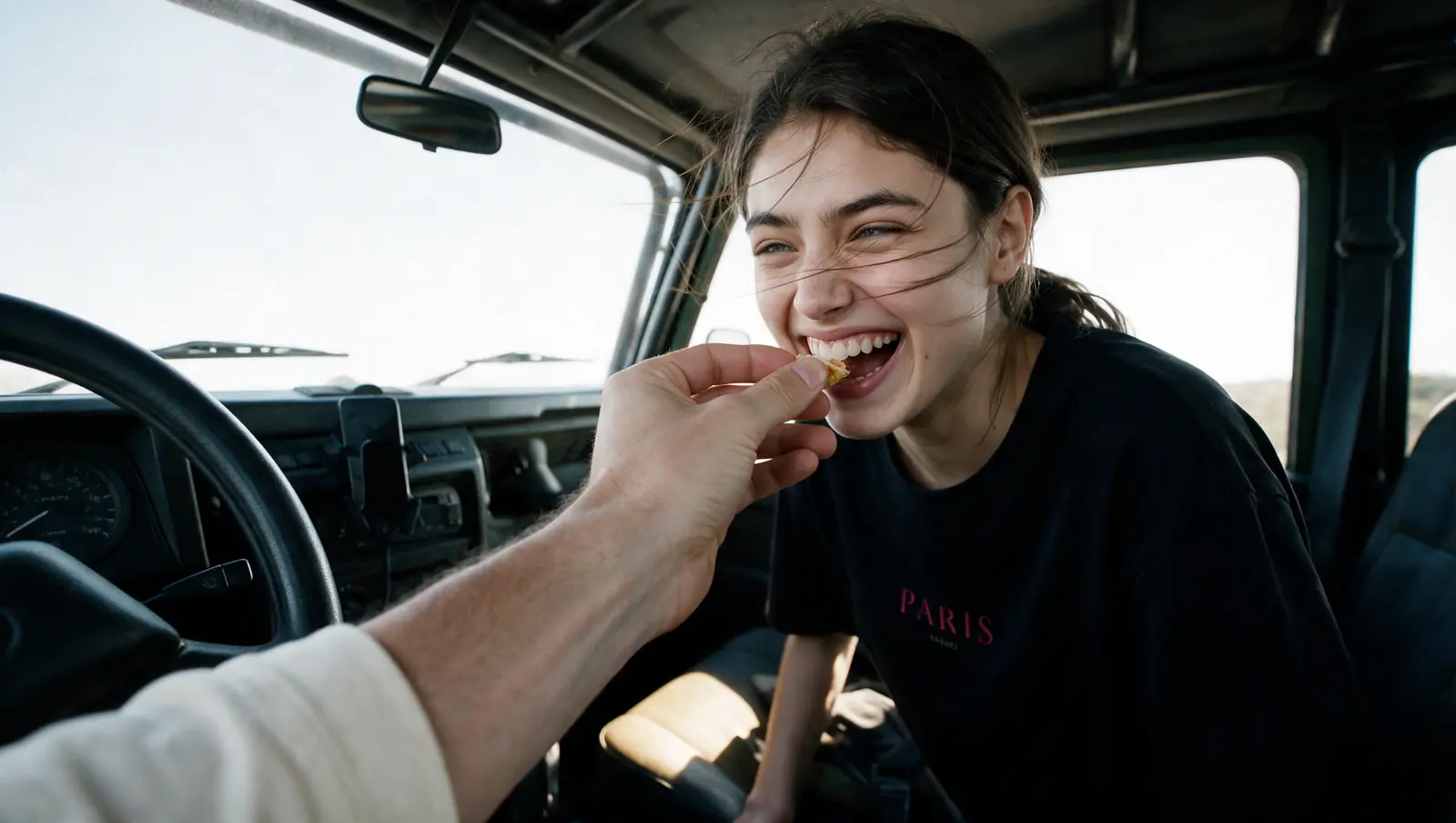AI still, a laughing passenger on a road trip